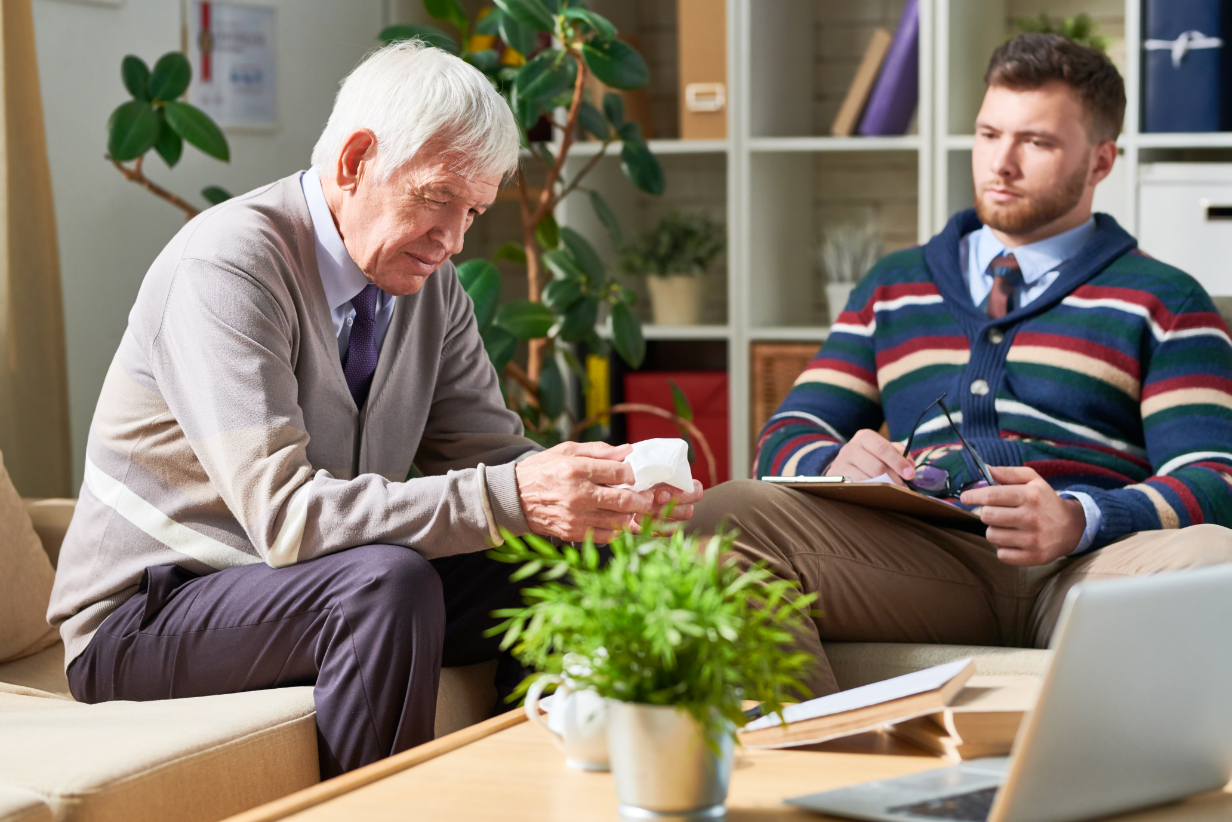 FAQ 11 sad senior man in therapy Y2B3KHR 1