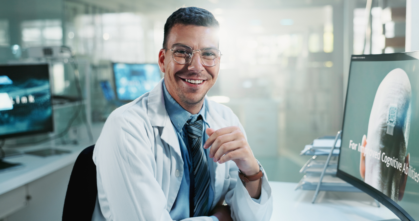 scientist computer screen and portrait in office f 7B28VCL 1
